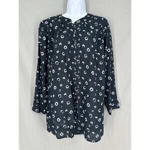 Rock Flower Paper Top Small Black Lightweight Button Tunic Flowy Long Sleeve